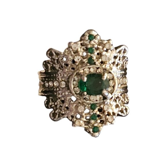 Victorian Trading Green Rhinestone & CZ Sterling Silver 925 Queen Ring Size 6 - Picture 8 of 16